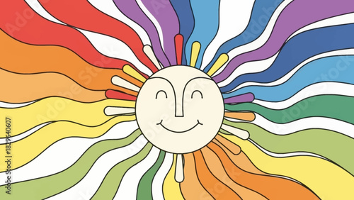A cheerful smiling sun with wavy rainbow-colored rays radiating outwards on a white background, evoking a retro psychedelic vibe.
