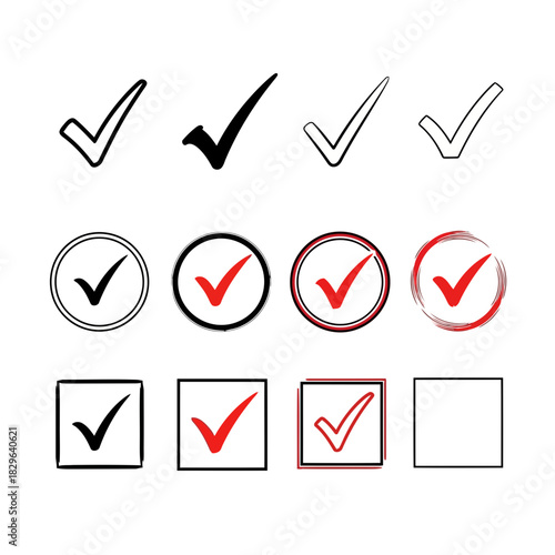 Various check marks and circles with different colors and styles, including check marks in squares