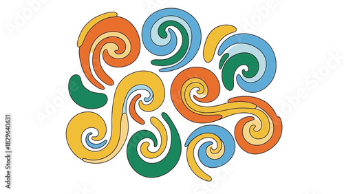 Colorful swirls and curves create an abstract, playful design on a white background.