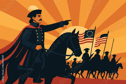 Military leader on horseback directing troops with american flags