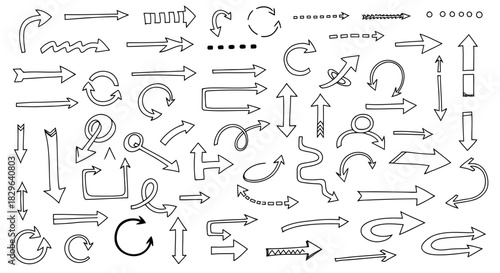 Collection of various arrow and directional symbols in black and white line art style