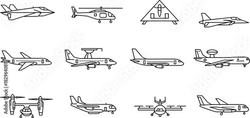 Aircraft line drawings, military jets, helicopters, drones, commercial planes, aviation silhouettes, side profiles, aerospace design, flight illustration, black and white