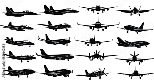 Aircraft silhouette grid, fighter jets, commercial planes, aviation icons, side and front views, black vector, aircraft comparison, aerospace design