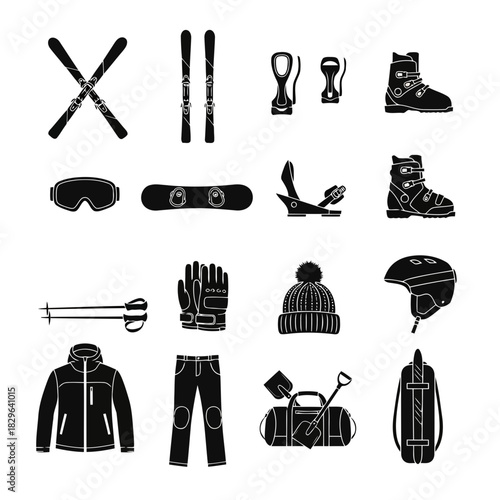 Set of winter sports equipment including skis, snowboard, goggles, gloves, boots, and backpack isolated on