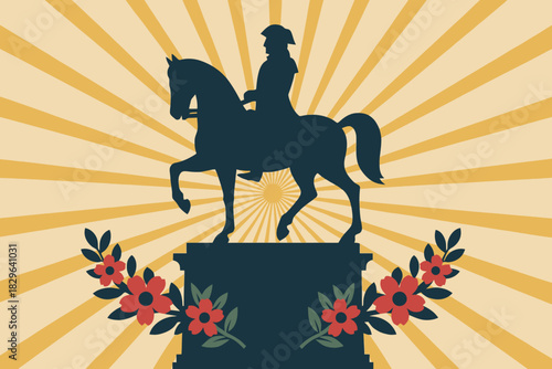 Silhouette of equestrian statue with floral accents and sunburst background