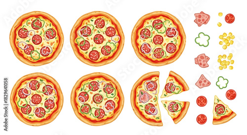 Assorted pizzas with various toppings and slices on a