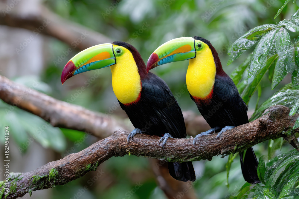 Naklejka premium Two Keel Billed Toucans Perched on a Branch