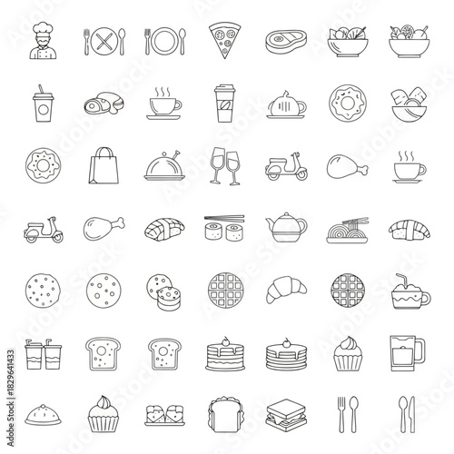 Assorted food and drink items including pizza, coffee, sandwiches, and desserts, illustrated in a simple line art style