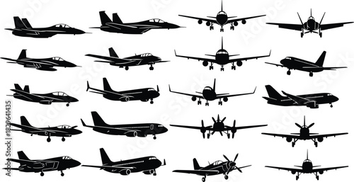 Aircraft silhouette grid, fighter jets, commercial planes, propeller aircraft, aviation icons, black vector, multi-angle views, aerospace design, airplane comparison