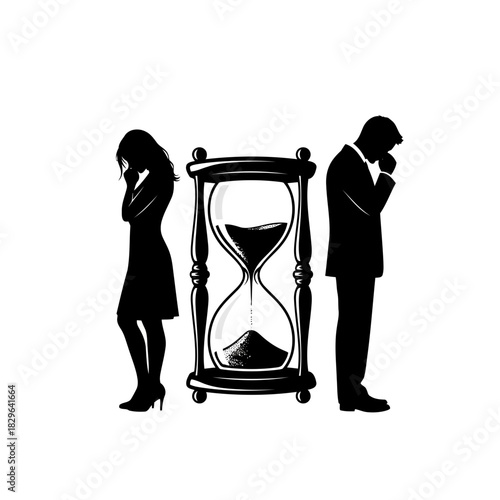 Silhouette of a man and woman looking at an hourglass symbolizing time and reflection isolated on