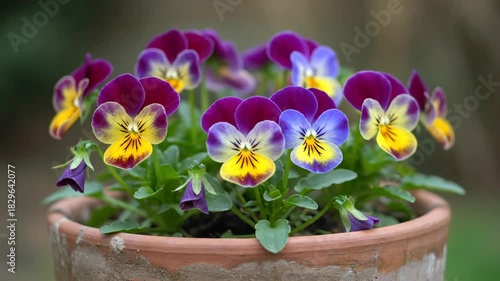 Close up of colorful pansies blooming in a terracotta pot