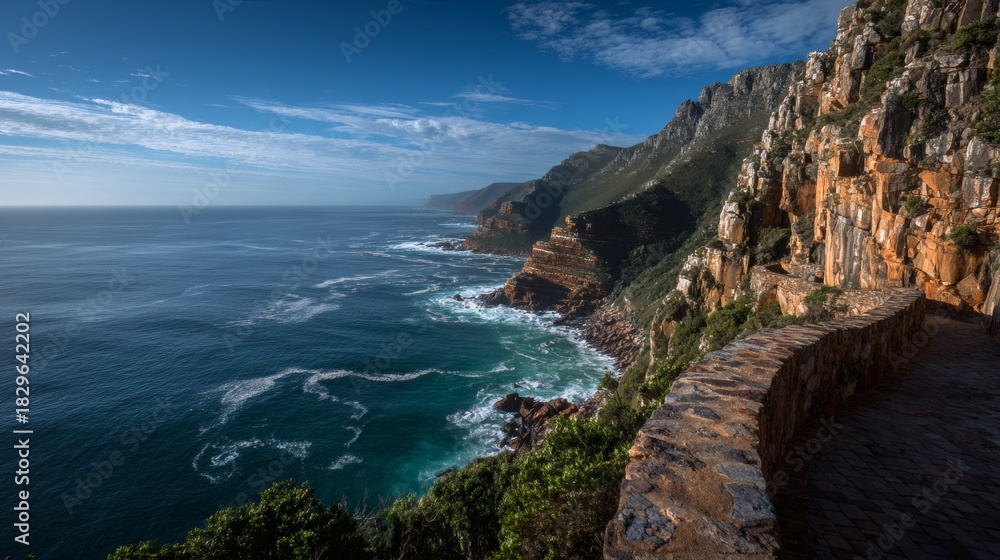 Fototapeta premium Breathtaking coastal scenery with rocky cliffs and blue ocean view