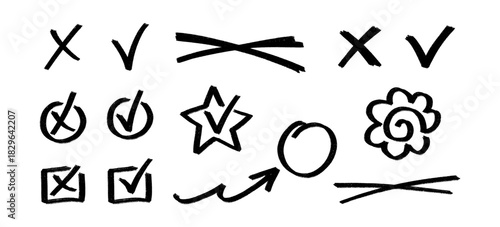 Hand drawn chalk black exam marks set. Includes check marks, cross marks, and grading symbols. textured grade marks. Simple, vector elements for educational feedback and evaluation design projects