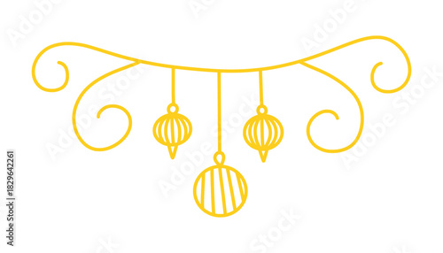 Hand drawn Christmas garland doodle featuring hanging ornaments, baubles and lights. Simple, cute, and festive vector doodle border for Chinese New Year holiday cards and seasonal decoration.