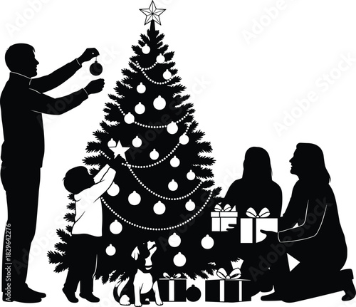 Christmas tree decorating silhouette, festive family scene, holiday celebration, gift exchange, dog, ornaments, black vector, seasonal joy, winter tradition, togetherness