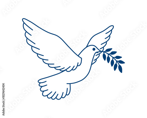 Minimalist dove of peace line art illustration. Simple, elegant vector symbol for hope, freedom, and international themes. Outline pigeon with olive branch, isolated on white background.