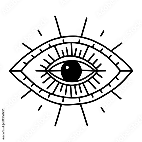 Stylized Evil Eye symbol or amulet in simple, modern design. Spiritual, protective vector icon for fashion, mystic, and decorative design themes. Line art hand drawn Evil Eye sign, symbol or icon.