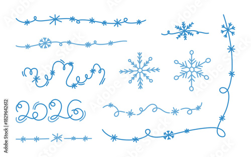 Set of minimalist winter line art elements like snowflakes, 2026 numbers, winter dividers and frame elements. Simple, elegant vector hand drawn doodle illustrations for holiday, cold, seasonal design.