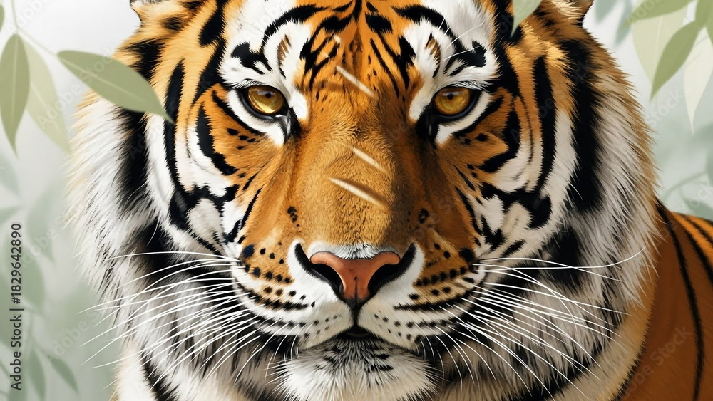 Naklejka premium Intense tiger portrait with striking eyes and lush jungle leaves, a majestic and wild design for brands seeking power and natural beauty