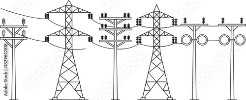 High-voltage transmission towers and distribution poles over landscape, lattice steel towers, wooden utility poles, insulators and conductors, electrical grid infrastructure