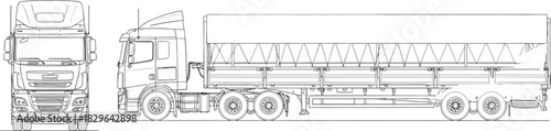 Detailed technical line drawing of cargo truck and trailer, commercial transportation vehicle blueprint, logistics freight truck sketch, industrial haulage illustration for engineering 