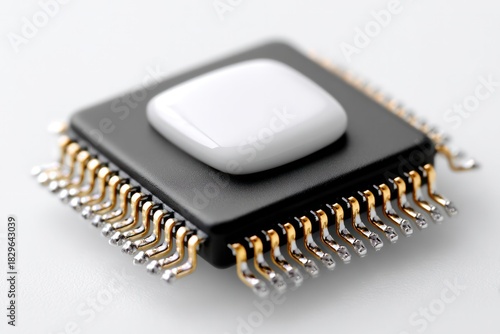 Microchip Close-Up: An intricate microchip, meticulously crafted with golden pins and sleek design, symbolizes the cutting-edge technology and innovation in the digital age. 