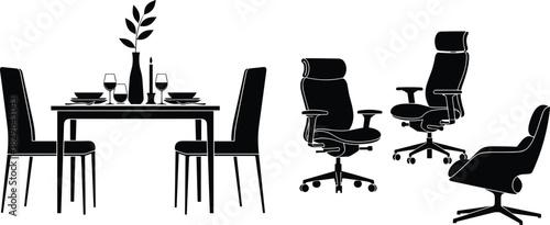 Dining table and chairs silhouette with tableware, modern office chair set illustration, furniture icons collection for interior design, home decor and workspace concepts