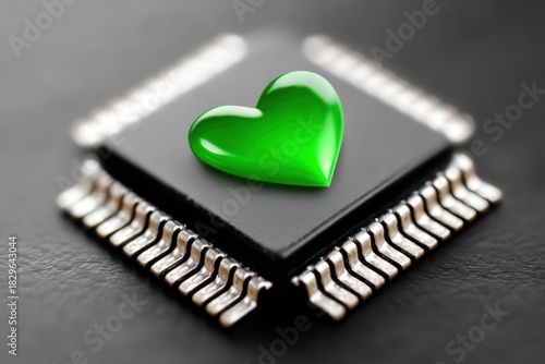 Heart of Technology: A sleek, modern microchip is adorned with a vibrant green heart, symbolizing the fusion of technology and compassion, in a sleek modern design.
