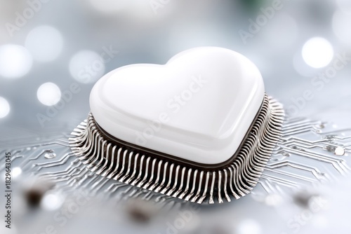 Digital Heart: A conceptual image of a pristine white heart rests atop an intricate circuit board, symbolizing the intersection of technology and emotion. The image sparks curiosity.