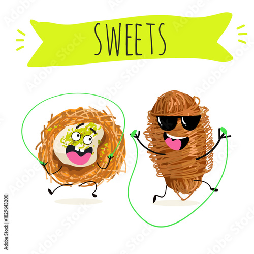 Funny Characters Turkish Traditional dessert, Kunafa, Konafa, Kanafeh, kadayif or mabroma, roll. Hand drawn vector illustration.