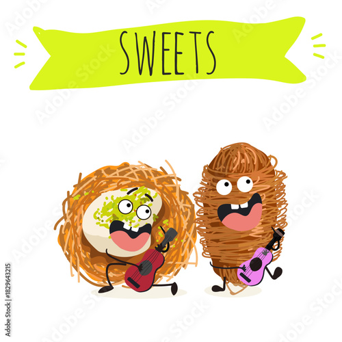 Funny Characters Turkish Traditional dessert, Kunafa, Konafa, Kanafeh, kadayif or mabroma, roll. Hand drawn vector illustration.
