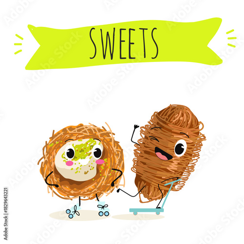 Funny Characters Turkish Traditional dessert, Kunafa, Konafa, Kanafeh, kadayif or mabroma, roll. Hand drawn vector illustration.