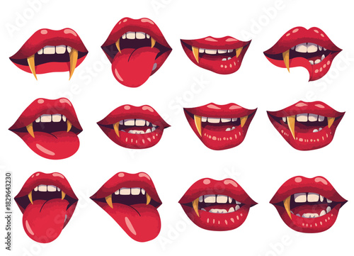 Female red vampire lips with bite fangs, glossy fantasy mouth design,