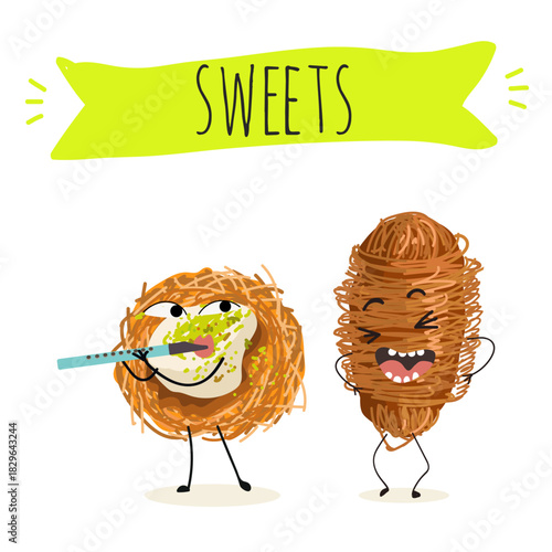 Funny Characters Turkish Traditional dessert, Kunafa, Konafa, Kanafeh, kadayif or mabroma, roll. Hand drawn vector illustration.