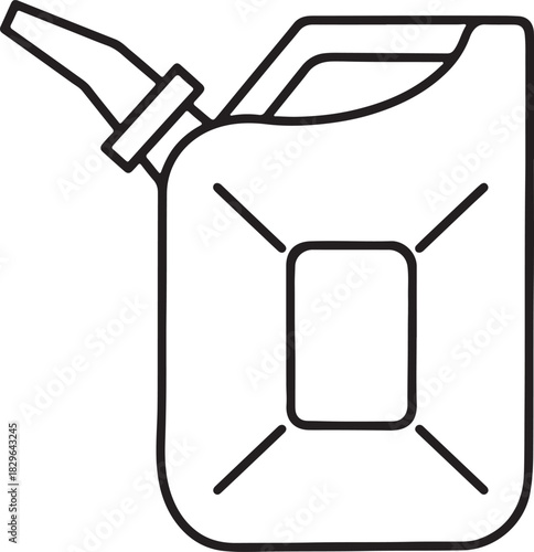 A simple black and white line drawing silhouette of a classic jerry can with a spout and handle isolated on transparent background