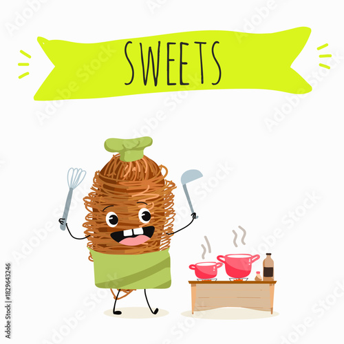 Funny Characters Turkish Traditional dessert, Kunafa, Konafa, Kanafeh, kadayif or mabroma, roll. Hand drawn vector illustration.