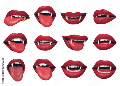 Female red vampire lips with bite fangs, stylized Gothic mouth illustration,