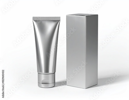 Silver tube and box packaging.  A metallic silver tube and a matching box, both in a simple, modern style.  The tube is upright and the box is positioned beside it, both on a plain white background