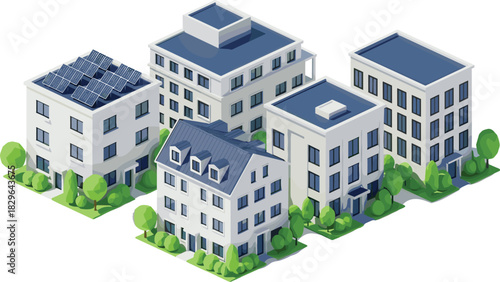 Eco-friendly residential buildings with solar panels, modern sustainable architecture, green urban housing, energy-efficient homes, environmental design, renewable energy community, clean city 
