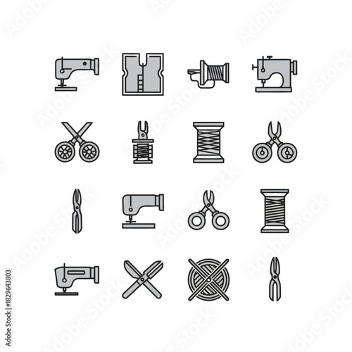 Set of sewing and crafting tools including scissors, thread, needles, and sewing machines