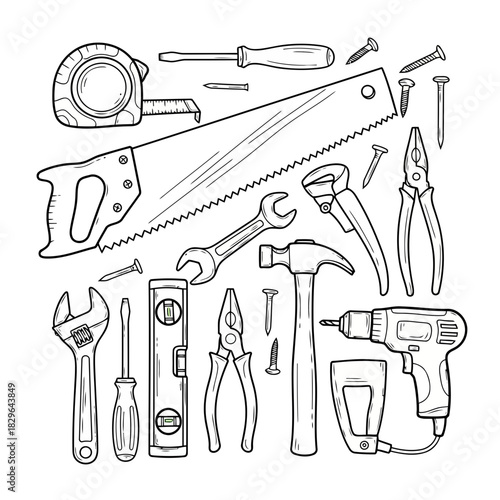 Collection of various hand tools and equipment including a hammer, wrench, pliers, screwdriver, and more, illustrated in a detailed line drawing style