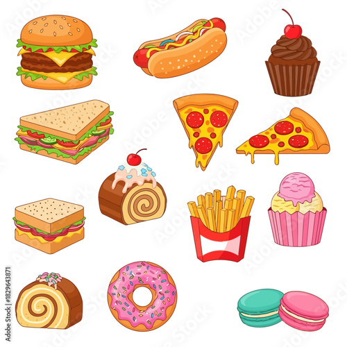 Assorted colorful food illustrations including burgers, hot dogs, pizza, sandwiches, fries, cupcakes, and donuts