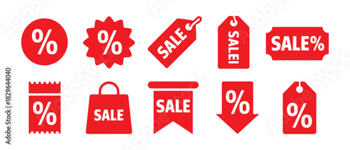 Red sale discount icons for advertising and promotion campaigns graphic