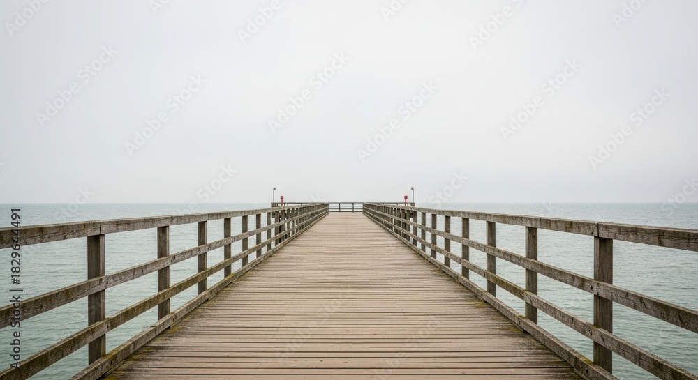 Fototapeta premium Empty wooden pier stretching into tranquil ocean under overcast sky