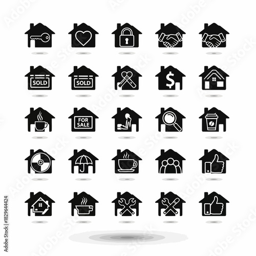 Collection of various house icons with different symbols representing home features and services