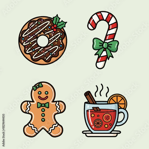 A collection of festive Christmas treats and drinks including a chocolate donut with holly, a candy cane, a gingerbread man, and mulled wine.