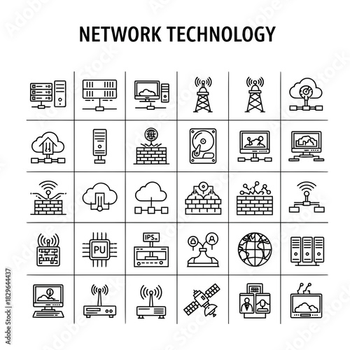Network technology icons set with symbols for routers, servers, cloud computing, and internet connections
