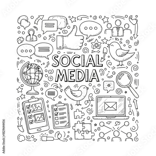 Social media icons and symbols in a black and white doodle style, representing various aspects of online communication and networking