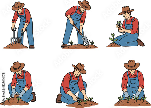 Farmer gardening process illustration showing soil preparation planting seedlings and nurturing plants in agricultural field with tools, ideal for farming education and sustainability themes