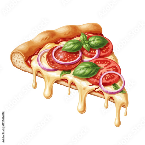 Delicious slice of pizza with tomato, onion, and basil on a